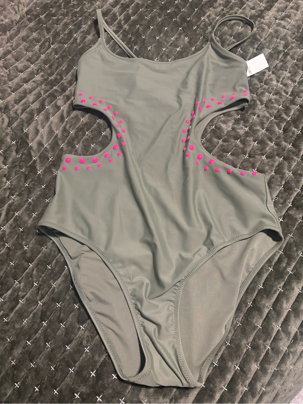 Aerie Olive Cutout One-Piece Swimsuit with Neon Pink Studs